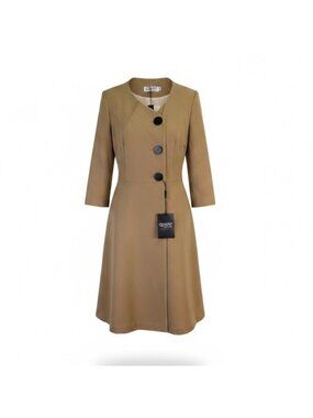 Quaint Womens Tan 3/4 Sleeve A-Line Coat Dress Stylish Essential Size 36